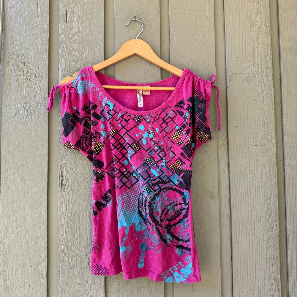Eyeshadow Graphic Print Top Womens Medium Pink Y2K Dolman Shoulder Tie Cotton M